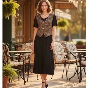 90's Vintage Leopard Mock Vest Midi Dress